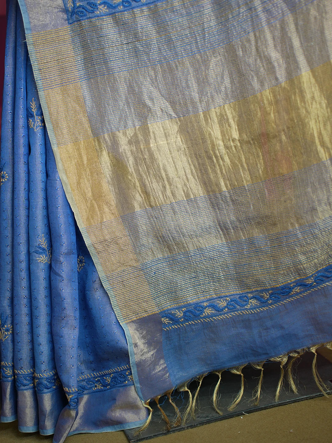 Ada Hand Embroidered Blue Tissue Lucknowi Chikankari Saree With Blouse 01A604545