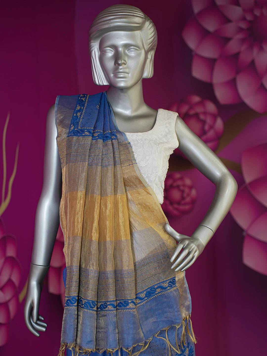 Ada Hand Embroidered Blue Tissue Lucknowi Chikankari Saree With Blouse 01A604545