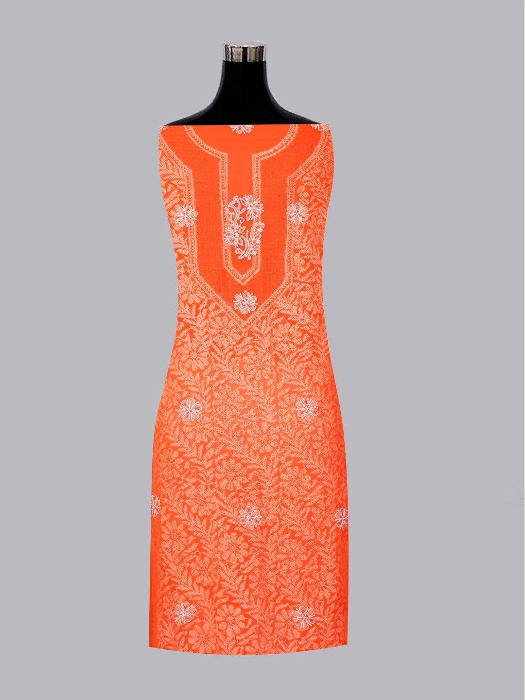 Ada Hand Embroidered Orange Faux Georgette Lucknowi Chikankari Unstitched Suit Piece with Cutdana and Pearl Work 01A530662