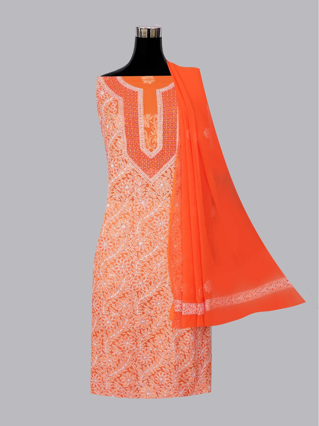 Ada Hand Embroidered Orange Faux Georgette Lucknowi Chikankari Unstitched Suit Piece with Cutdana and Pearl Work 01A530662