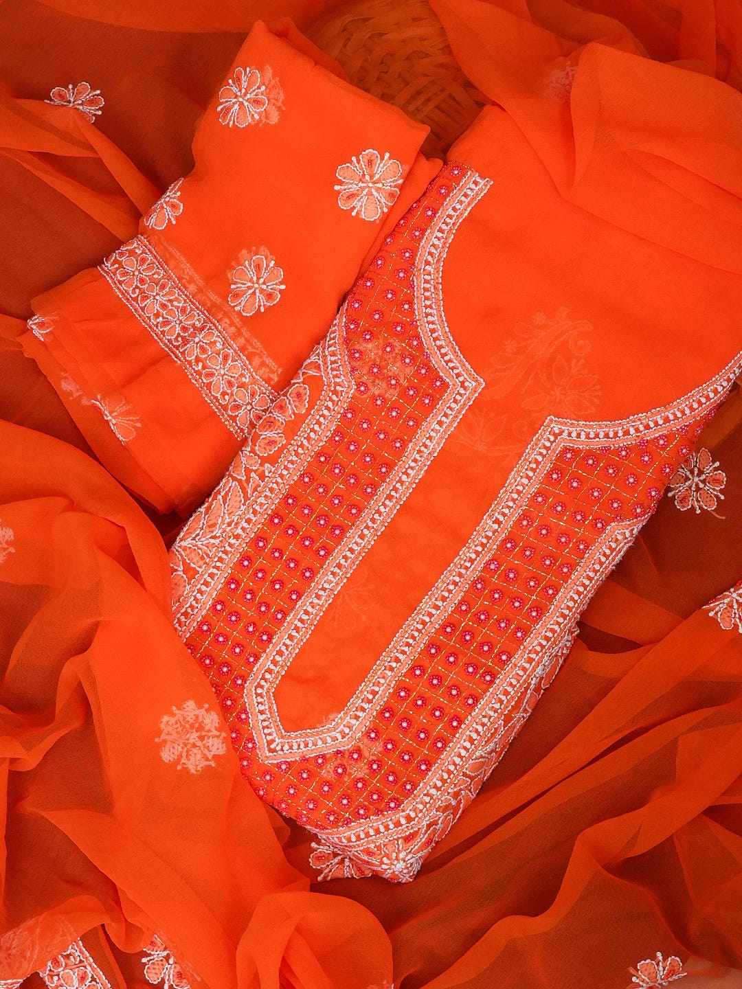 Ada Hand Embroidered Orange Faux Georgette Lucknowi Chikankari Unstitched Suit Piece with Cutdana and Pearl Work 01A530662