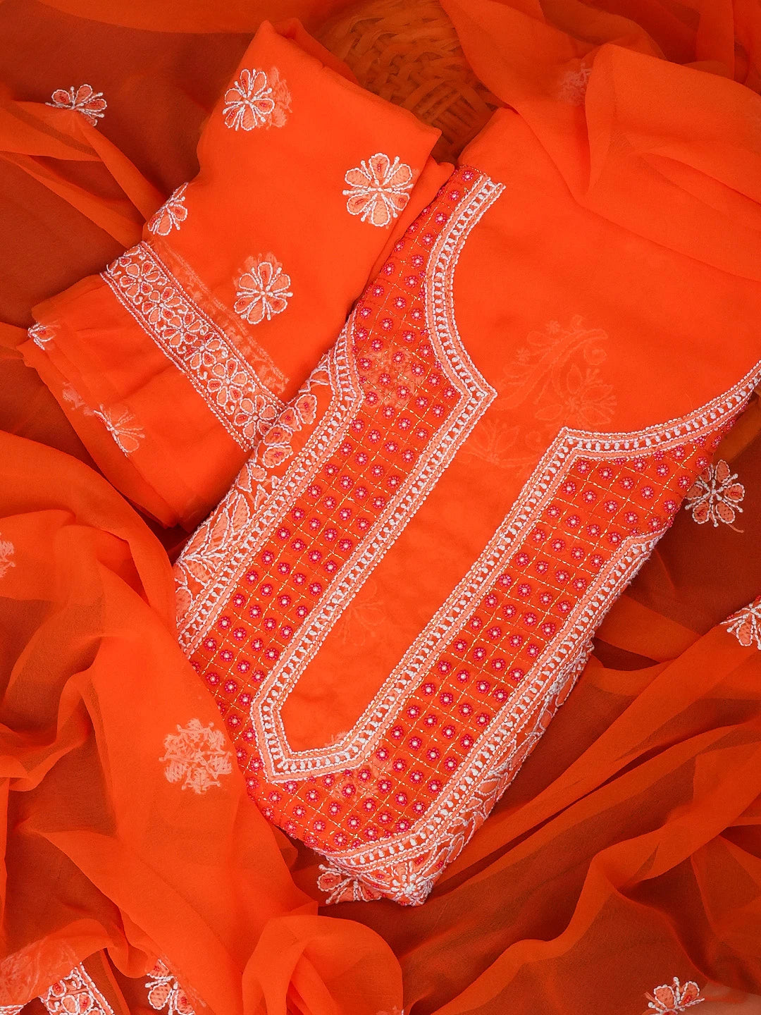 Ada Hand Embroidered Orange Faux Georgette Lucknowi Chikankari Unstitched Suit Piece with Cutdana and Pearl Work 01A530662