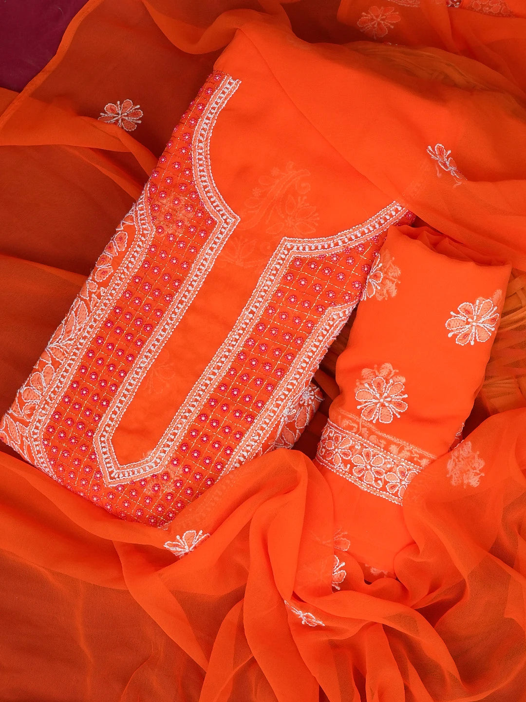 Ada Hand Embroidered Orange Faux Georgette Lucknowi Chikankari Unstitched Suit Piece with Cutdana and Pearl Work 01A530662