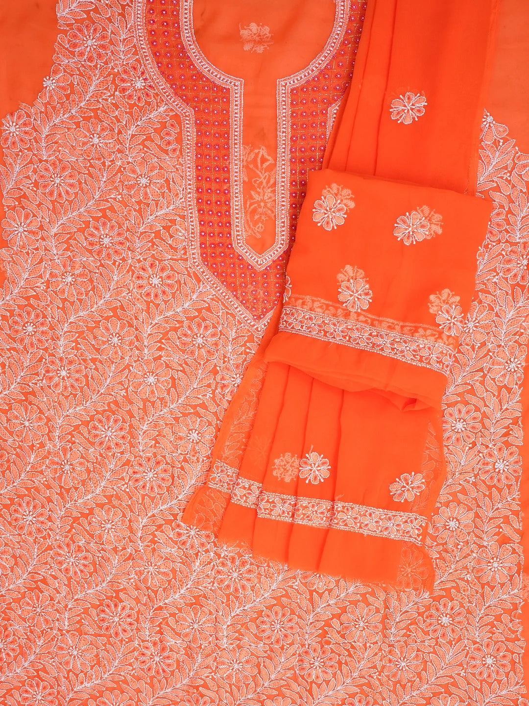 Ada Hand Embroidered Orange Faux Georgette Lucknowi Chikankari Unstitched Suit Piece with Cutdana and Pearl Work 01A530662