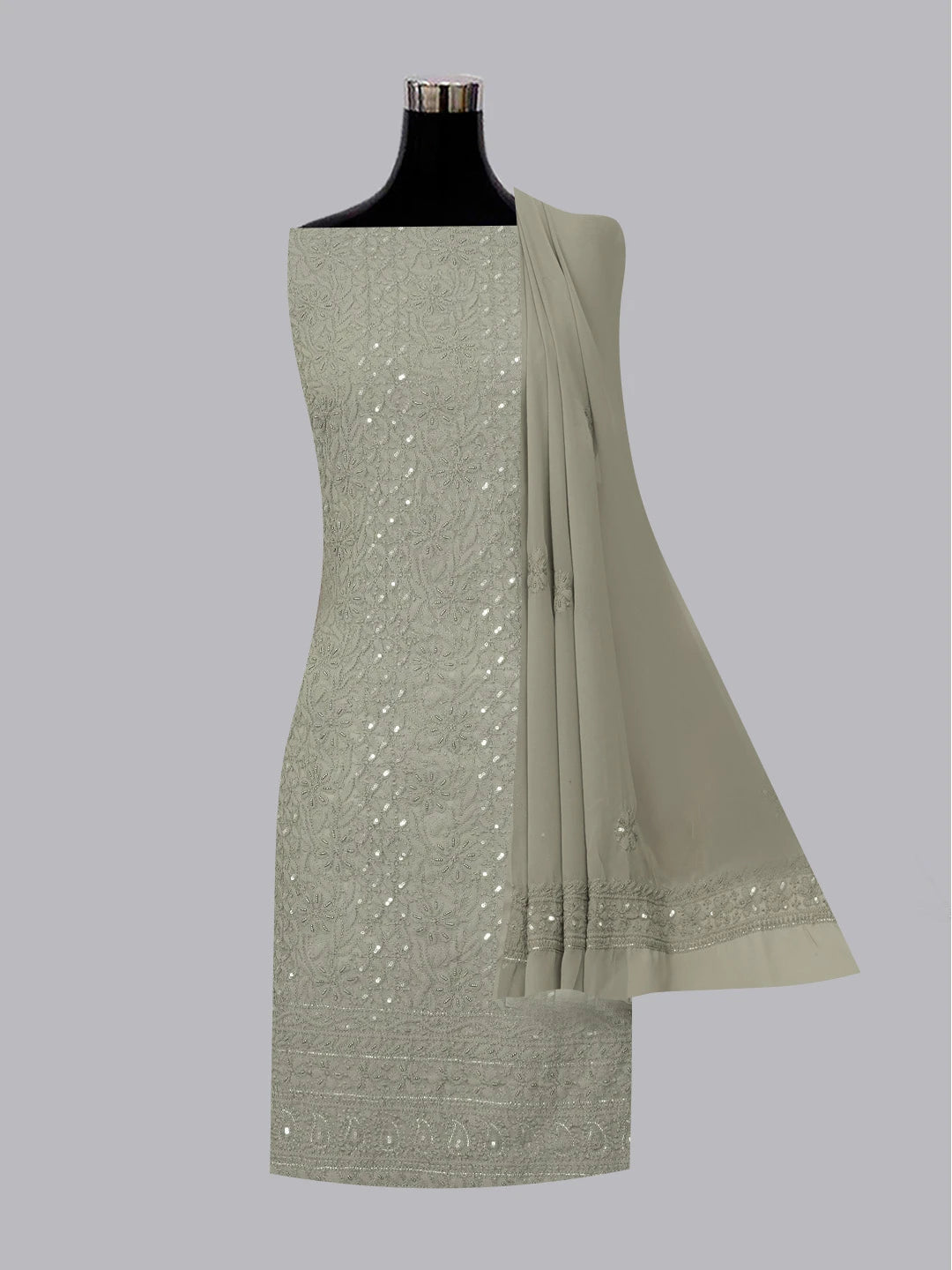 Ada Hand Embroidered Grey Georgette Lucknowi Chikankari Unstitched Suit Piece With Sequinned Work 01A603854