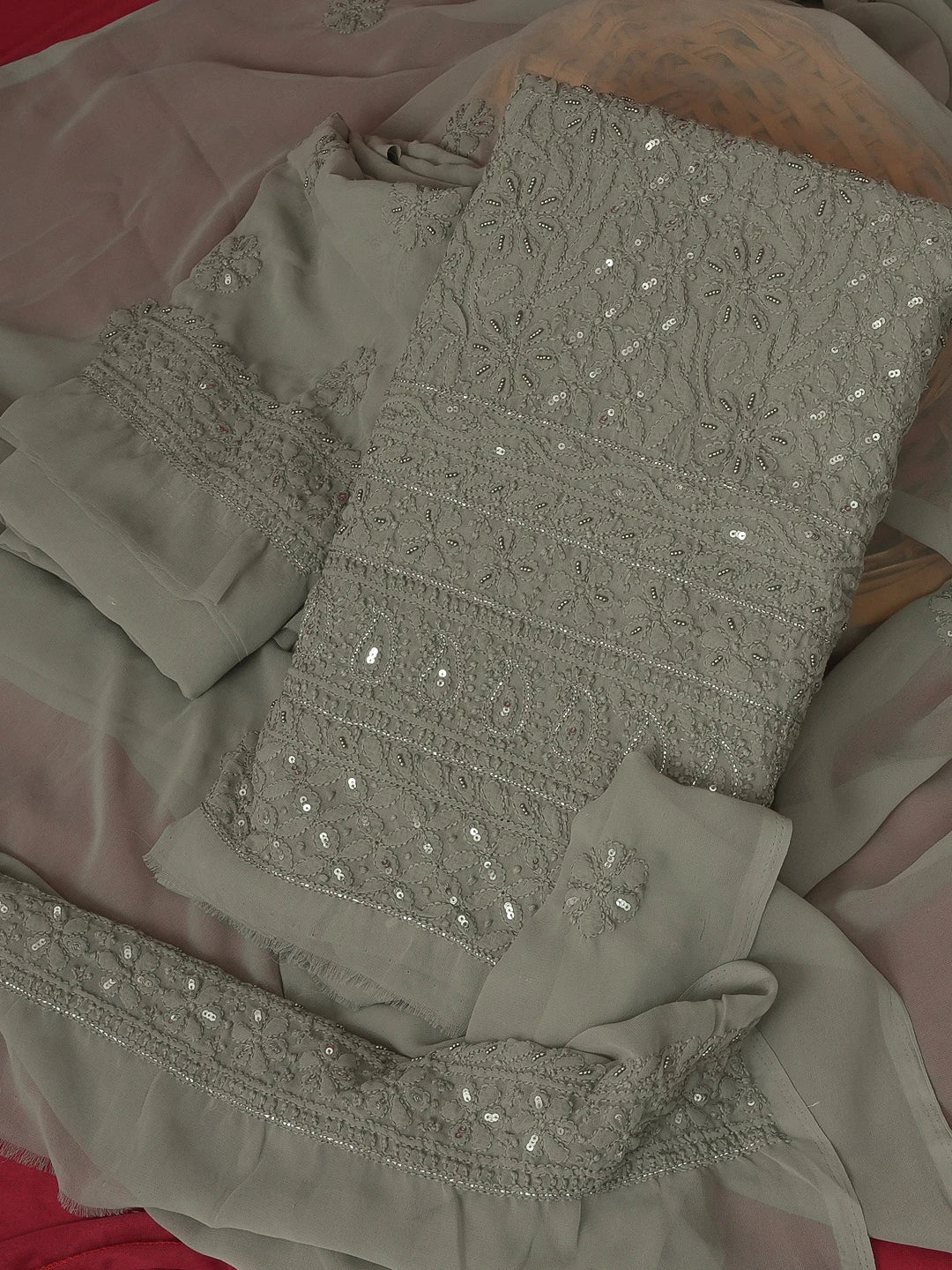 Ada Hand Embroidered Grey Georgette Lucknowi Chikankari Unstitched Suit Piece With Sequinned Work 01A603854