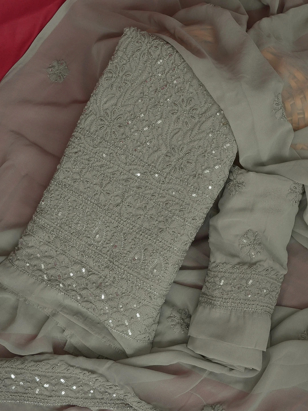 Ada Hand Embroidered Grey Georgette Lucknowi Chikankari Unstitched Suit Piece With Sequinned Work 01A603854