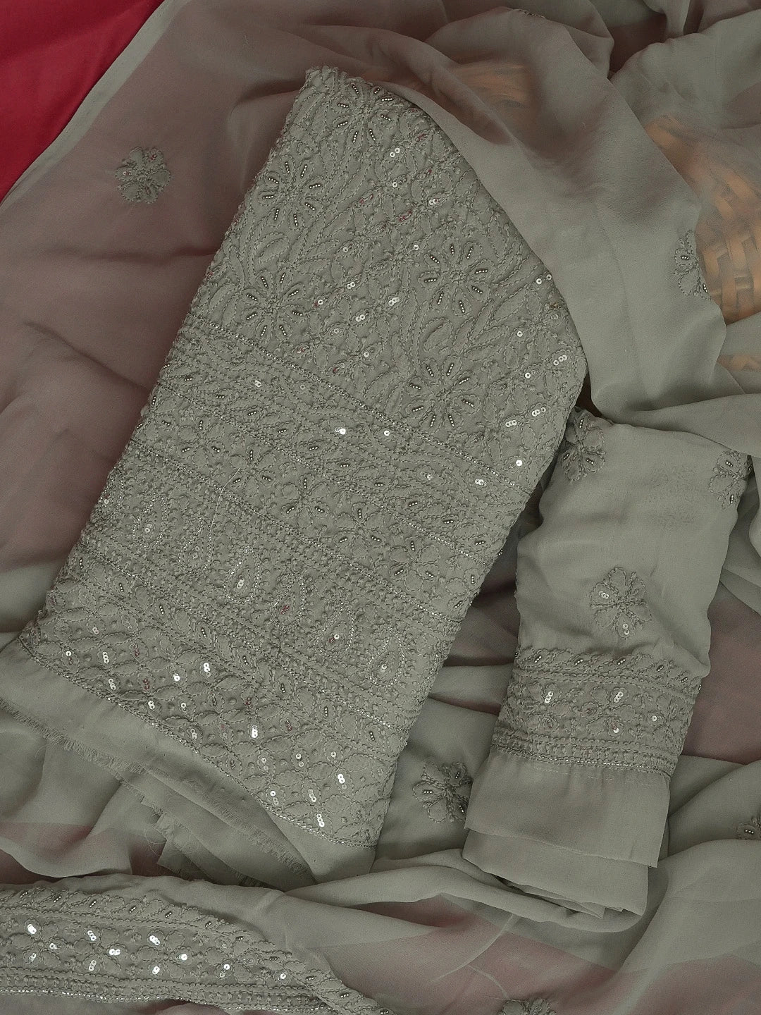 Ada Hand Embroidered Grey Georgette Lucknowi Chikankari Unstitched Suit Piece With Sequinned Work 01A603854