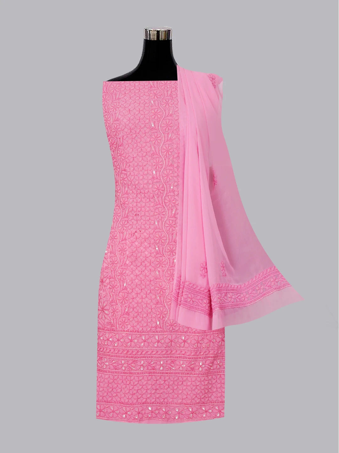 Ada Hand Embroidered Hot Pink Georgette Lucknowi Chikankari Unstitched Suit Piece With Sequinned Work 01A551778