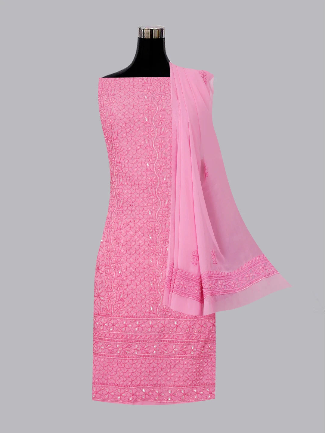Ada Hand Embroidered Hot Pink Georgette Lucknowi Chikankari Unstitched Suit Piece With Sequinned Work 01A551778