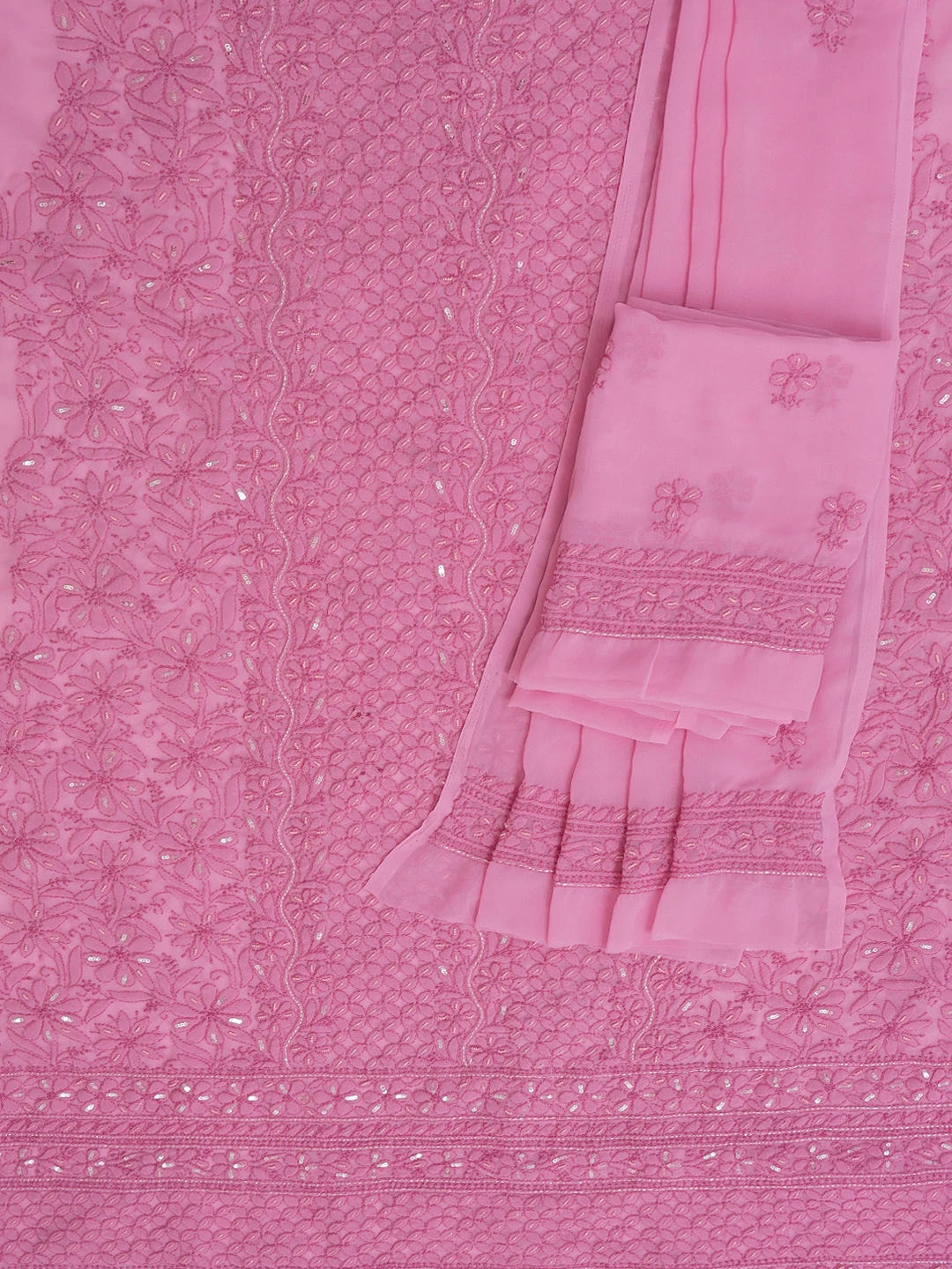 Ada Hand Embroidered Hot Pink Georgette Lucknowi Chikankari Unstitched Suit Piece With Sequinned Work 01A551778