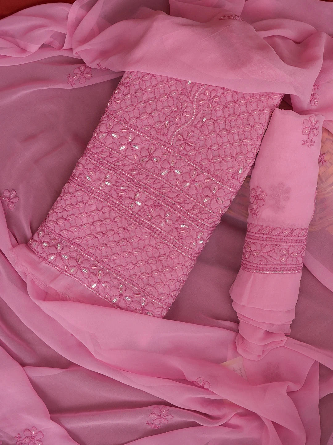 Ada Hand Embroidered Hot Pink Georgette Lucknowi Chikankari Unstitched Suit Piece With Sequinned Work 01A551778
