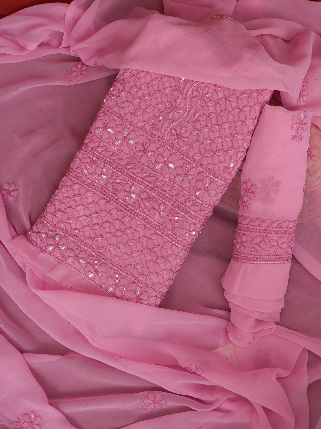 Ada Hand Embroidered Hot Pink Georgette Lucknowi Chikankari Unstitched Suit Piece With Sequinned Work 01A551778