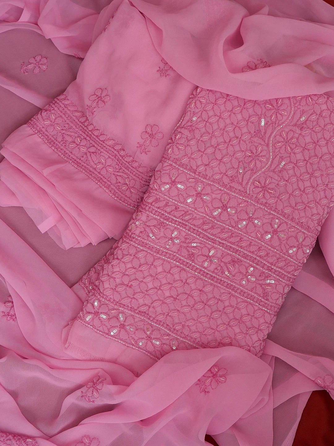 Ada Hand Embroidered Hot Pink Georgette Lucknowi Chikankari Unstitched Suit Piece With Sequinned Work 01A551778