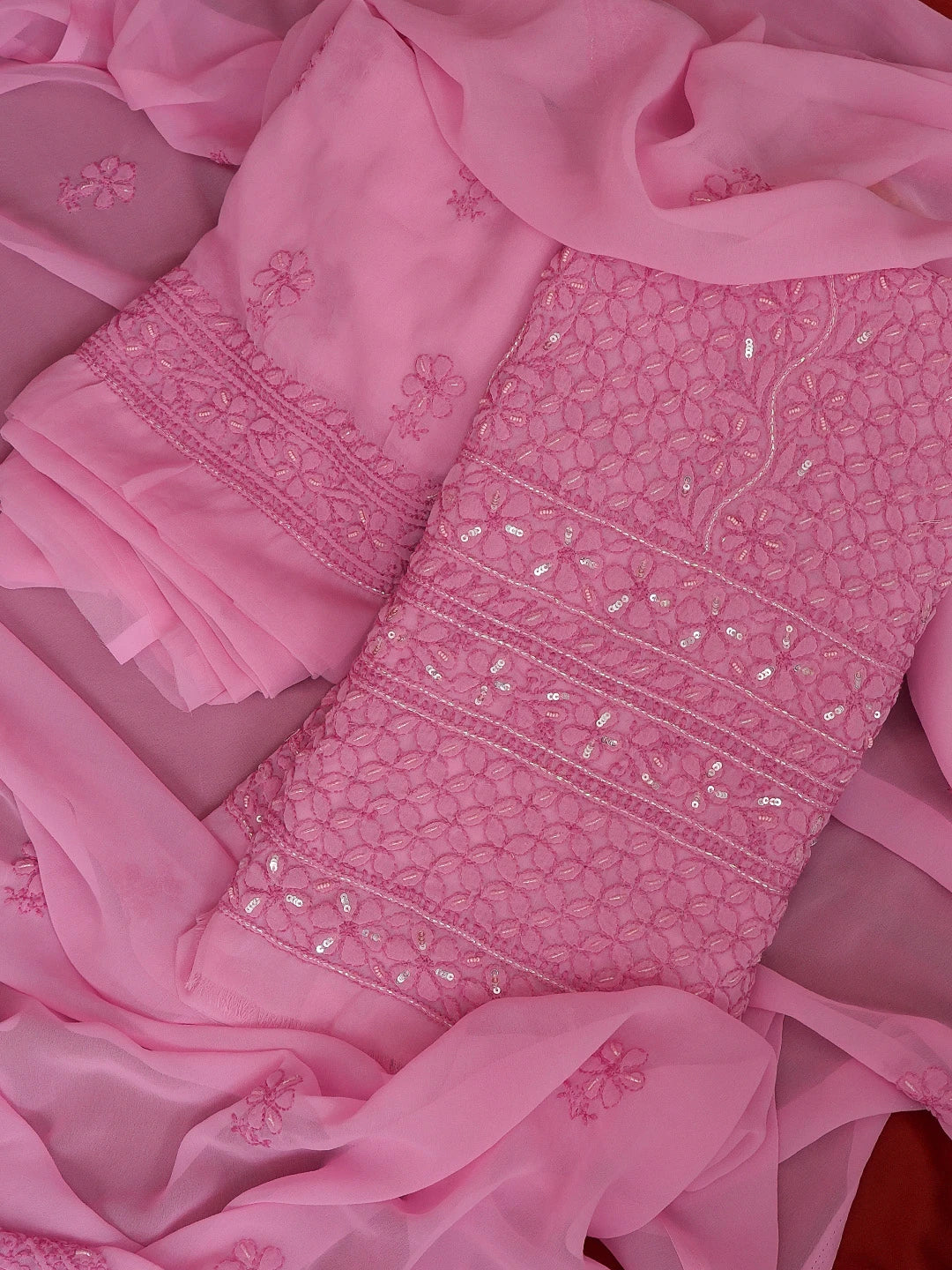 Ada Hand Embroidered Hot Pink Georgette Lucknowi Chikankari Unstitched Suit Piece With Sequinned Work 01A551778