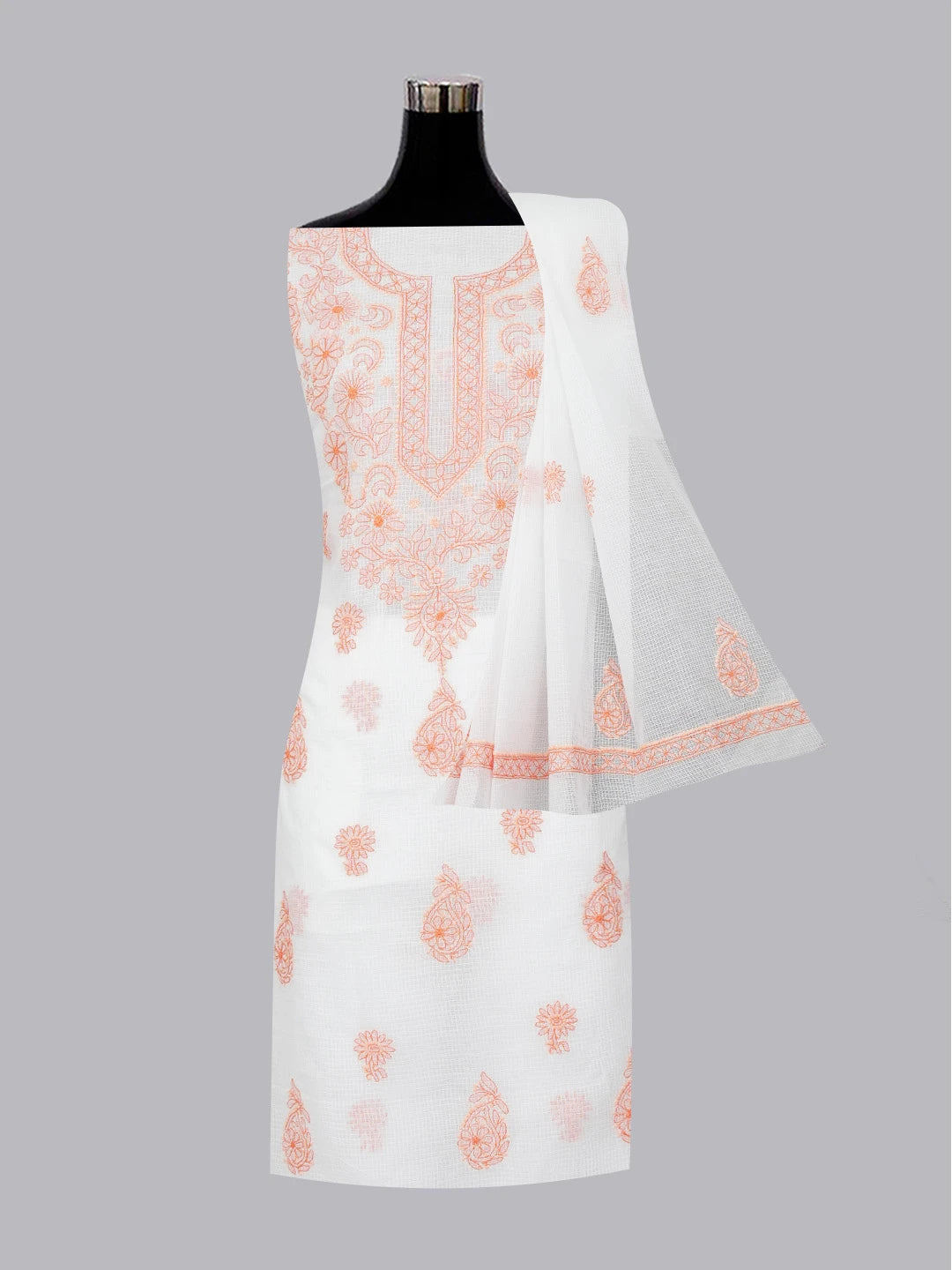Ada Hand Embroidered White Kota Lucknowi Chikankari Unstitched Kurta Dupatta Set 01A411535