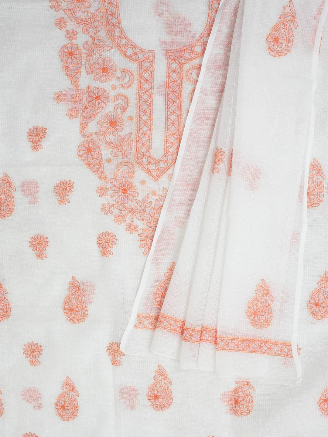 Ada Hand Embroidered White Kota Lucknowi Chikankari Unstitched Kurta Dupatta Set 01A411535