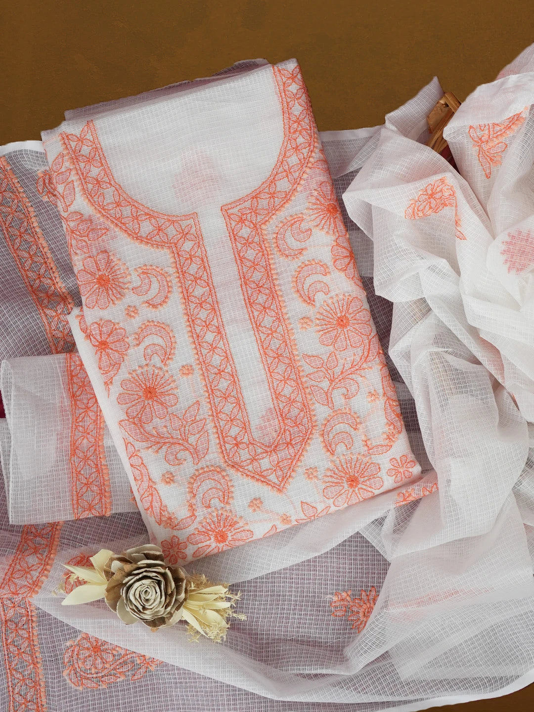 Ada Hand Embroidered White Kota Lucknowi Chikankari Unstitched Kurta Dupatta Set 01A411535