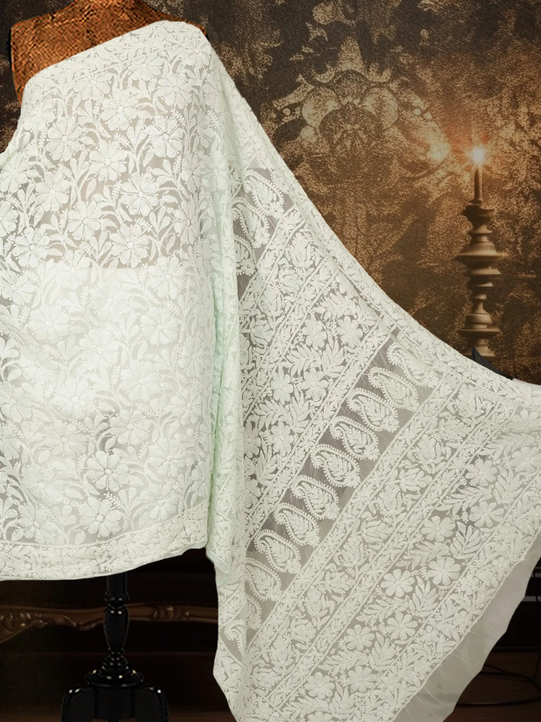 Ada Hand Embroidered Sea Green Georgette Lucknowi Chikankari Saree With Blouse 01A613553