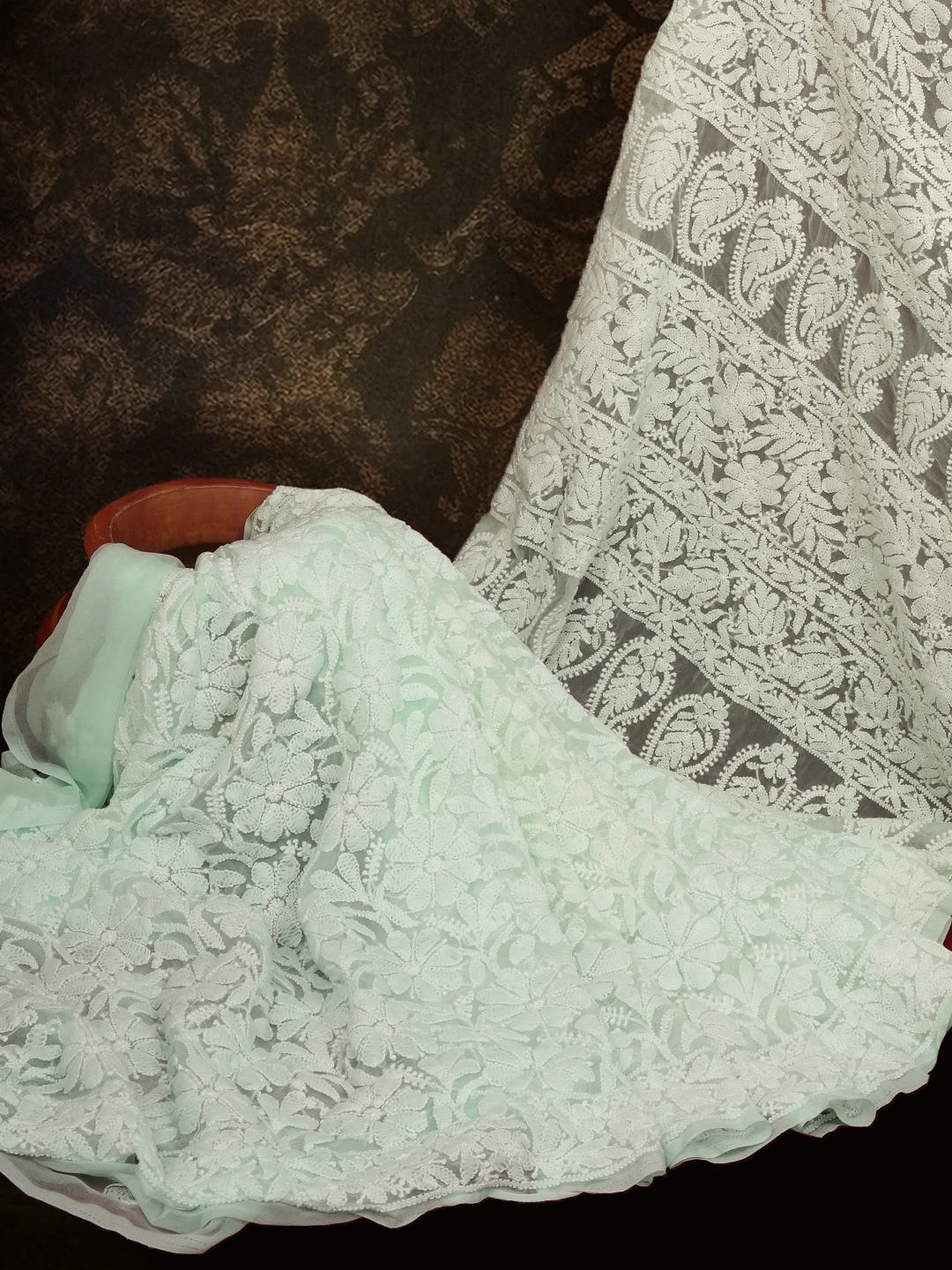 Ada Hand Embroidered Sea Green Georgette Lucknowi Chikankari Saree With Blouse 01A613553
