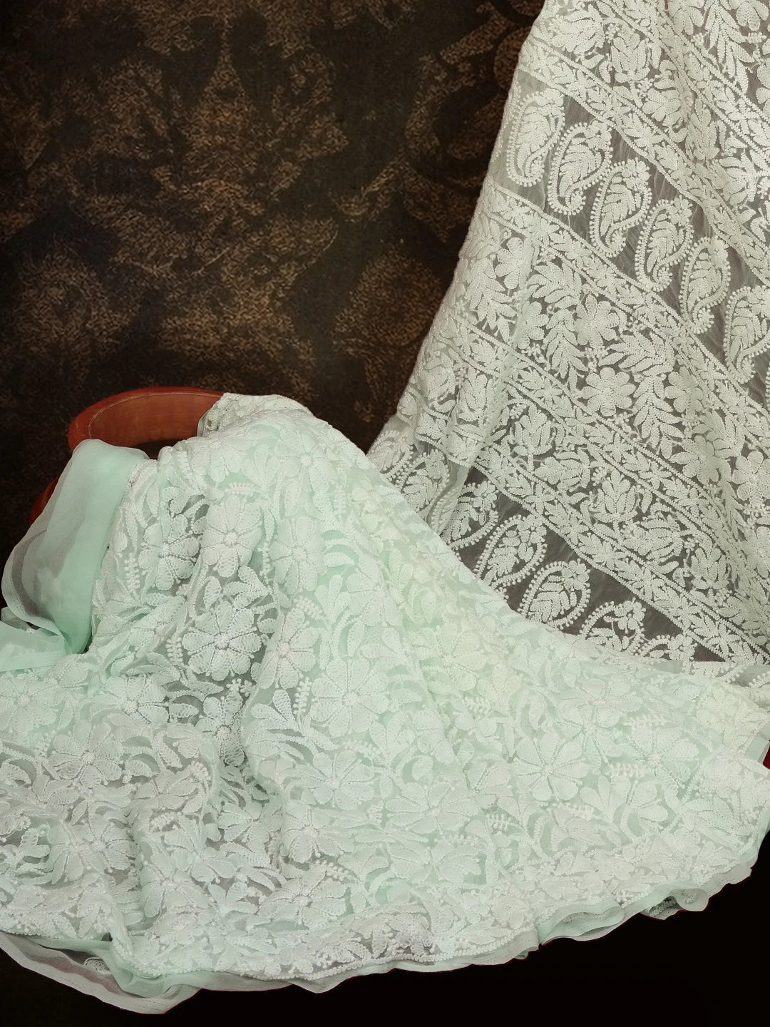 Ada Hand Embroidered Sea Green Georgette Lucknowi Chikankari Saree With Blouse 01A613553