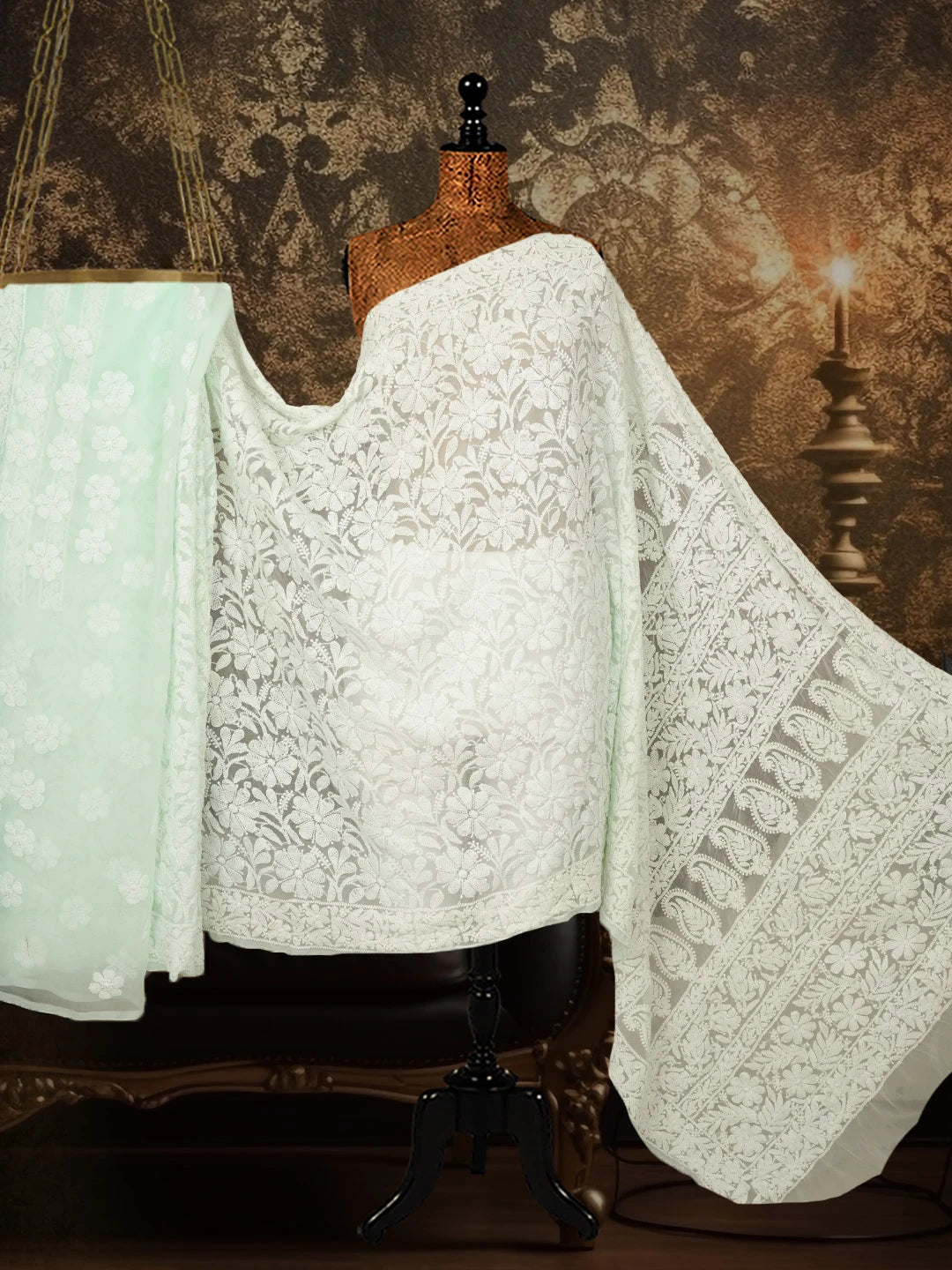 Ada Hand Embroidered Sea Green Georgette Lucknowi Chikankari Saree With Blouse 01A613553