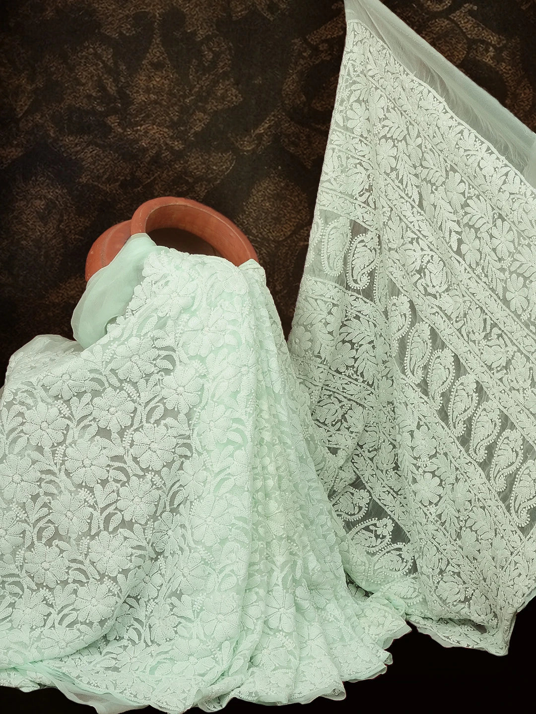 Ada Hand Embroidered Sea Green Georgette Lucknowi Chikankari Saree With Blouse 01A613553