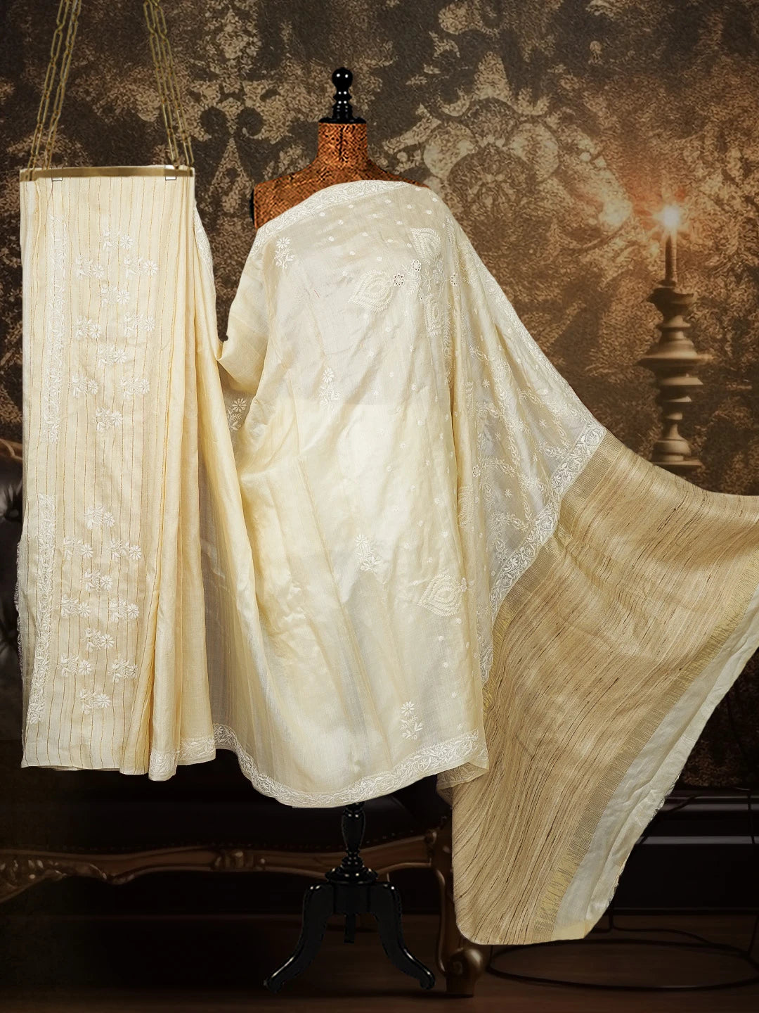 Ada Hand Embroidered Fawn Silk Lucknowi Chikankari Saree With Blouse 01A591695
