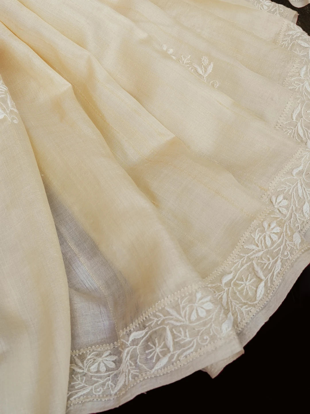 Ada Hand Embroidered Fawn Silk Lucknowi Chikankari Saree With Blouse 01A591695
