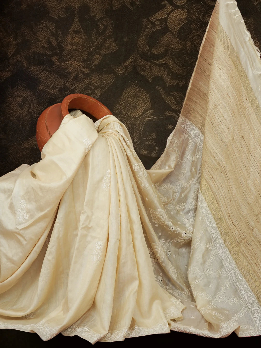 Ada Hand Embroidered Fawn Silk Lucknowi Chikankari Saree With Blouse 01A591695