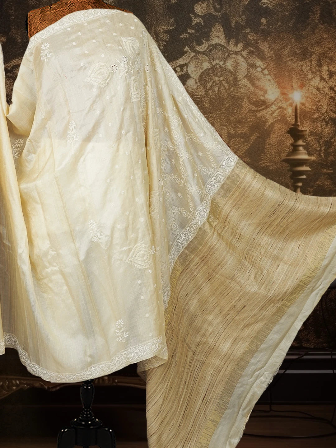 Ada Hand Embroidered Fawn Silk Lucknowi Chikankari Saree With Blouse 01A591695