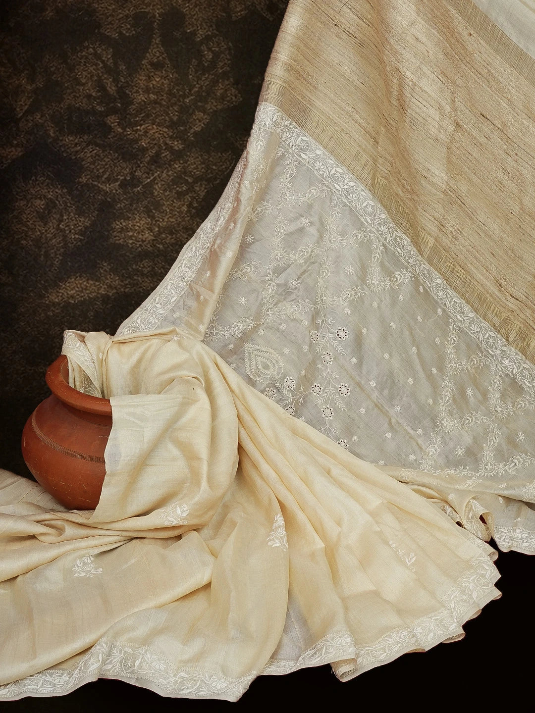 Ada Hand Embroidered Fawn Silk Lucknowi Chikankari Saree With Blouse 01A591695