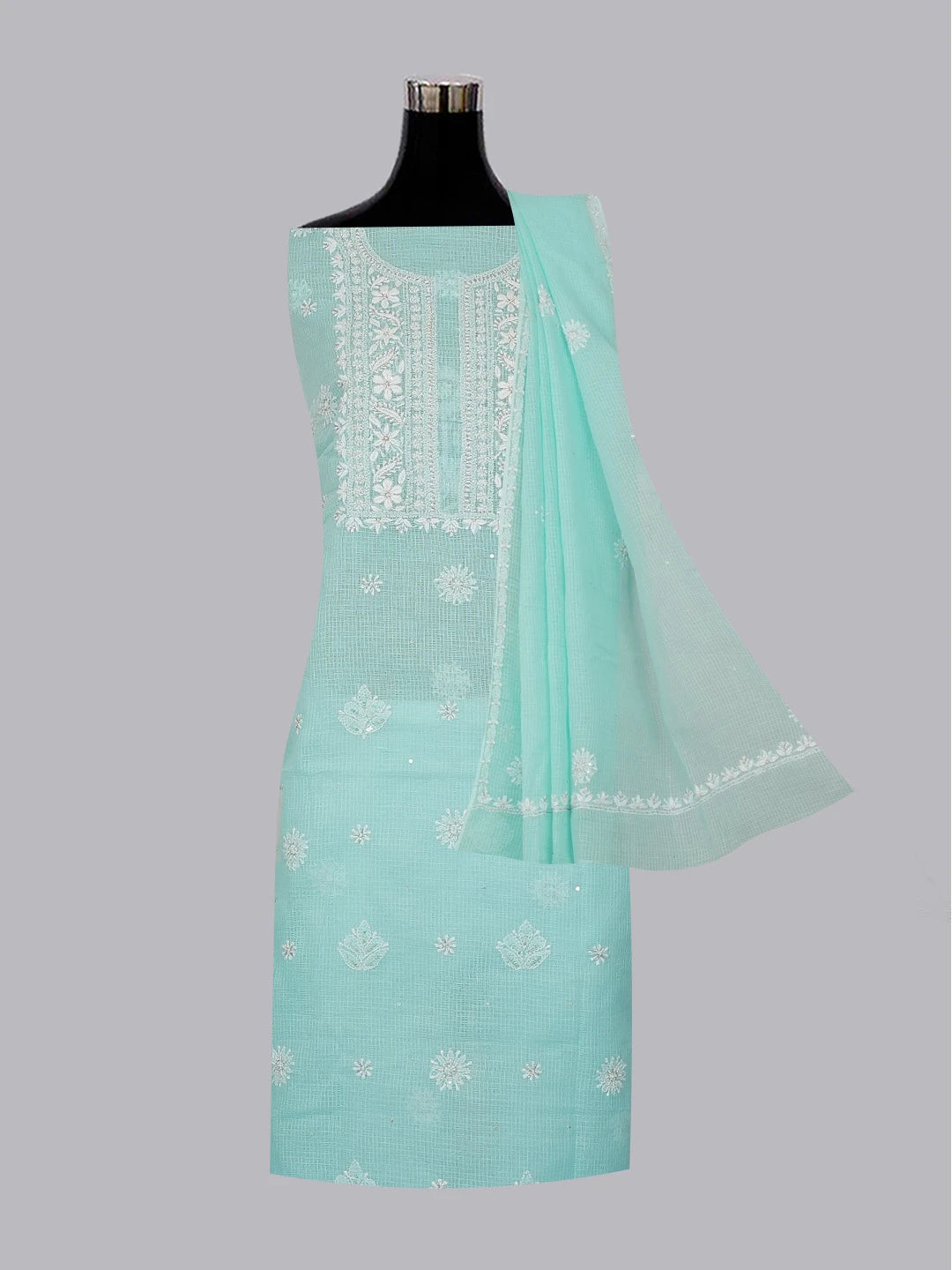 Ada Hand Embroidered Sky Blue Kota Lucknowi Chikankari Unstitched Kurta Dupatta Set 01A574074