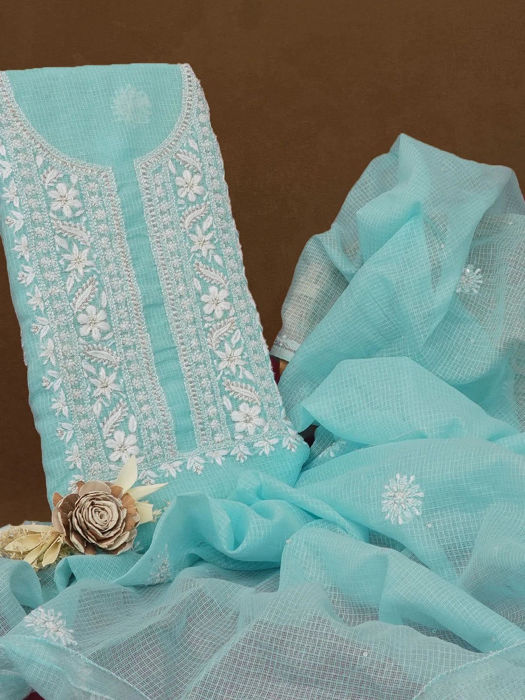 Ada Hand Embroidered Sky Blue Kota Lucknowi Chikankari Unstitched Kurta Dupatta Set 01A574074