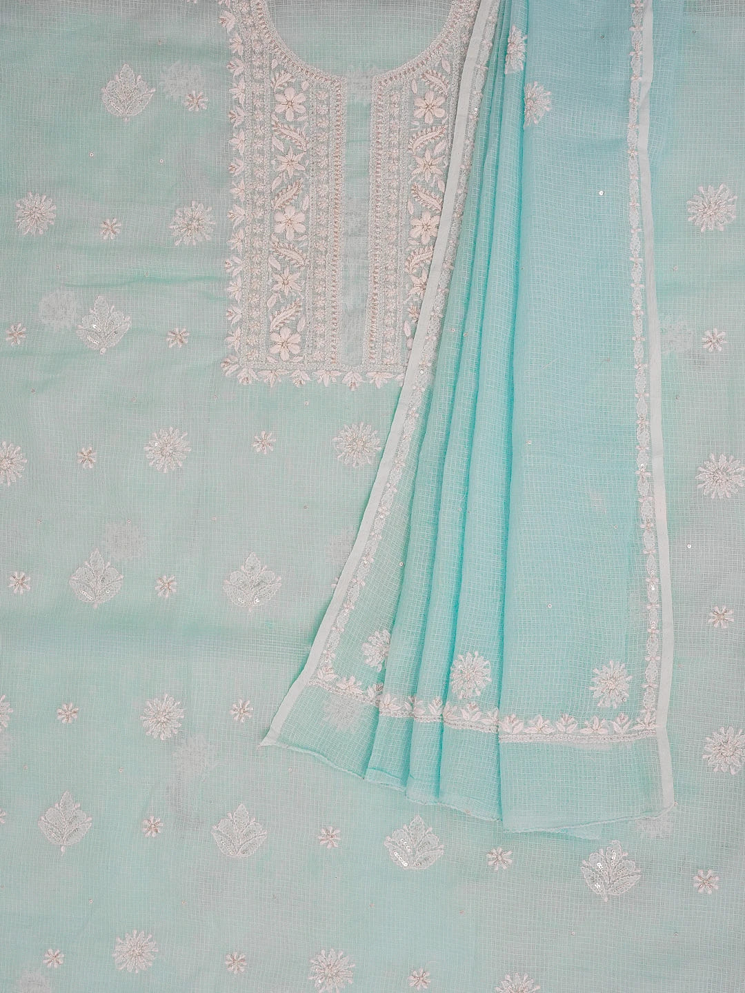 Ada Hand Embroidered Sky Blue Kota Lucknowi Chikankari Unstitched Kurta Dupatta Set 01A574074