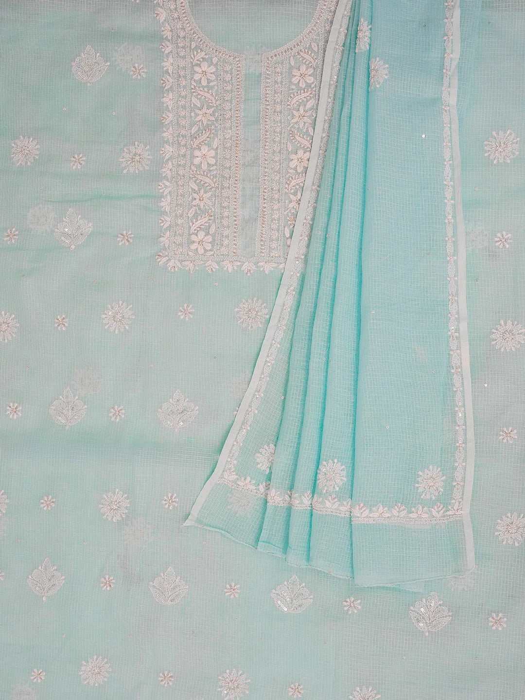 Ada Hand Embroidered Sky Blue Kota Lucknowi Chikankari Unstitched Kurta Dupatta Set 01A574074