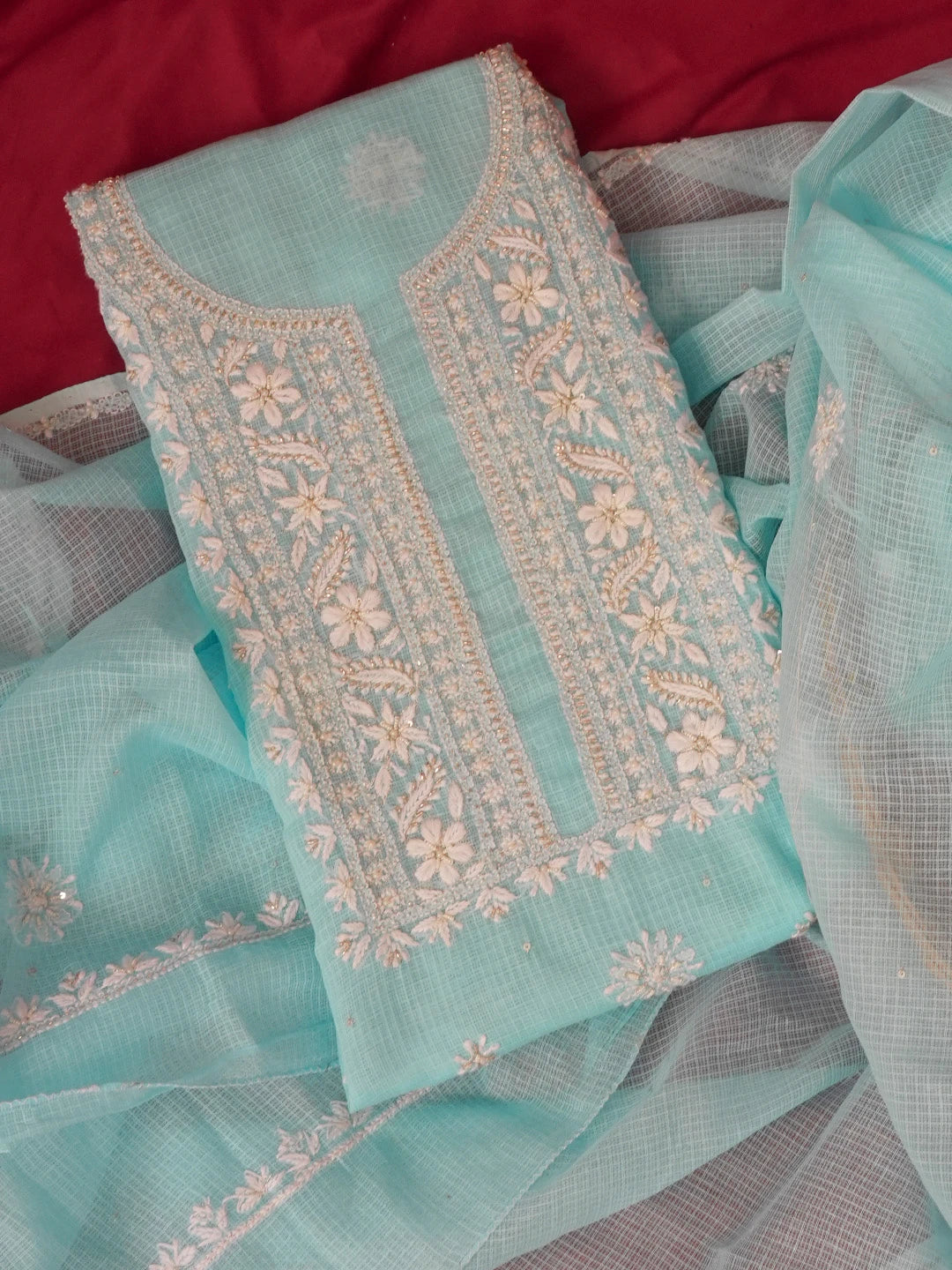 Ada Hand Embroidered Sky Blue Kota Lucknowi Chikankari Unstitched Kurta Dupatta Set 01A574074