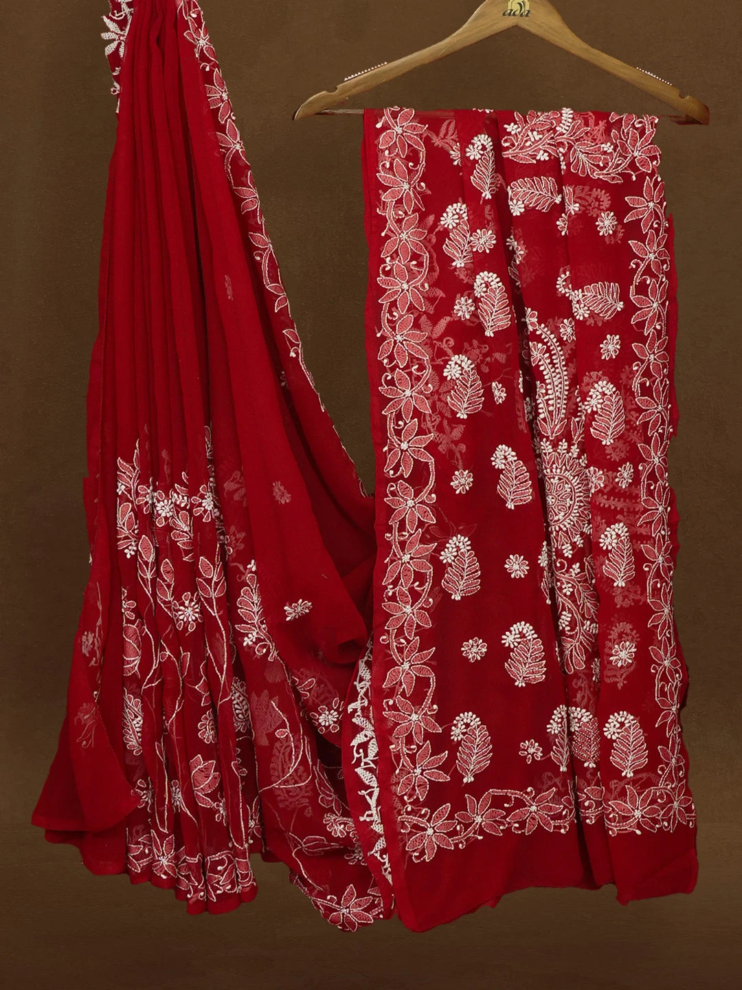 Ada Hand Embroidered Maroon Georgette Lucknowi Chikankari Saree With Blouse 01A194040