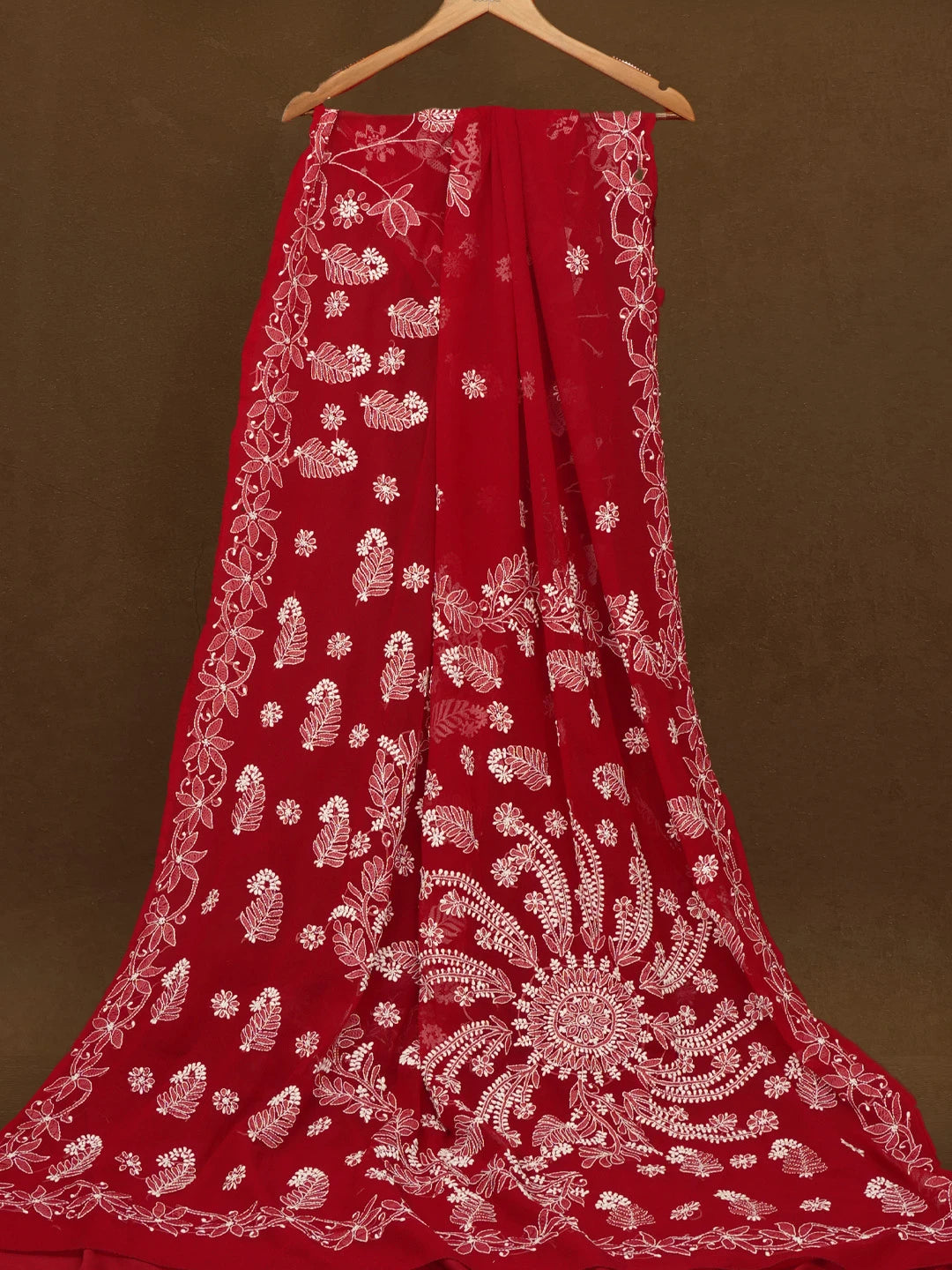 Ada Hand Embroidered Maroon Georgette Lucknowi Chikankari Saree With Blouse 01A194040