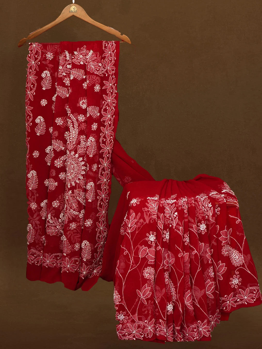 Ada Hand Embroidered Maroon Georgette Lucknowi Chikankari Saree With Blouse 01A194040