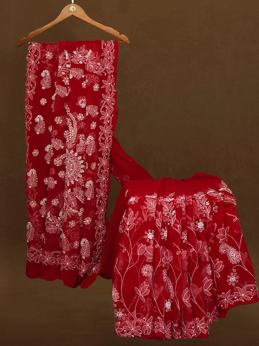 Ada Hand Embroidered Maroon Georgette Lucknowi Chikankari Saree With Blouse 01A194040