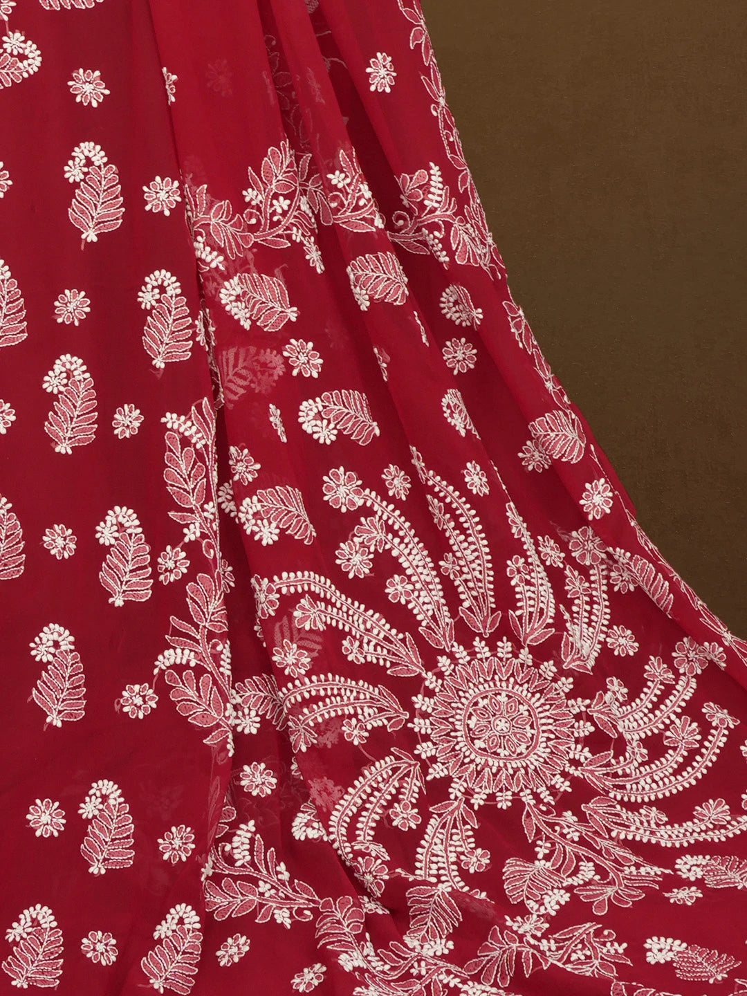 Ada Hand Embroidered Maroon Georgette Lucknowi Chikankari Saree With Blouse 01A194040