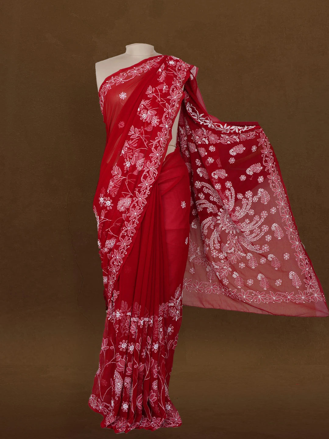 Ada Hand Embroidered Maroon Georgette Lucknowi Chikankari Saree With Blouse 01A194040