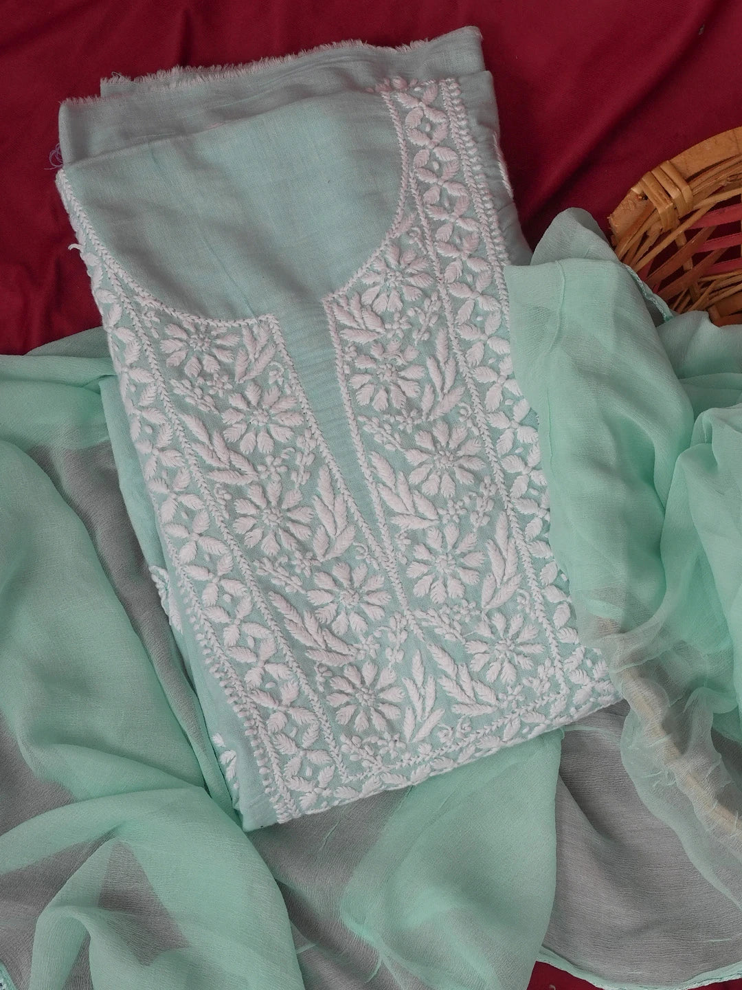 Ada Hand Embroidered Sea Green Cotton Lucknowi Chikankari Unstitched Kurta Dupatta Set 01A462898