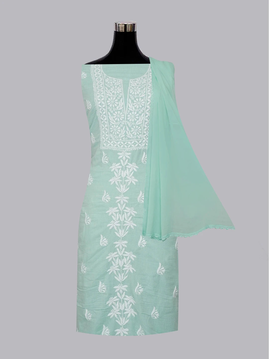 Ada Hand Embroidered Sea Green Cotton Lucknowi Chikankari Unstitched Kurta Dupatta Set 01A462898