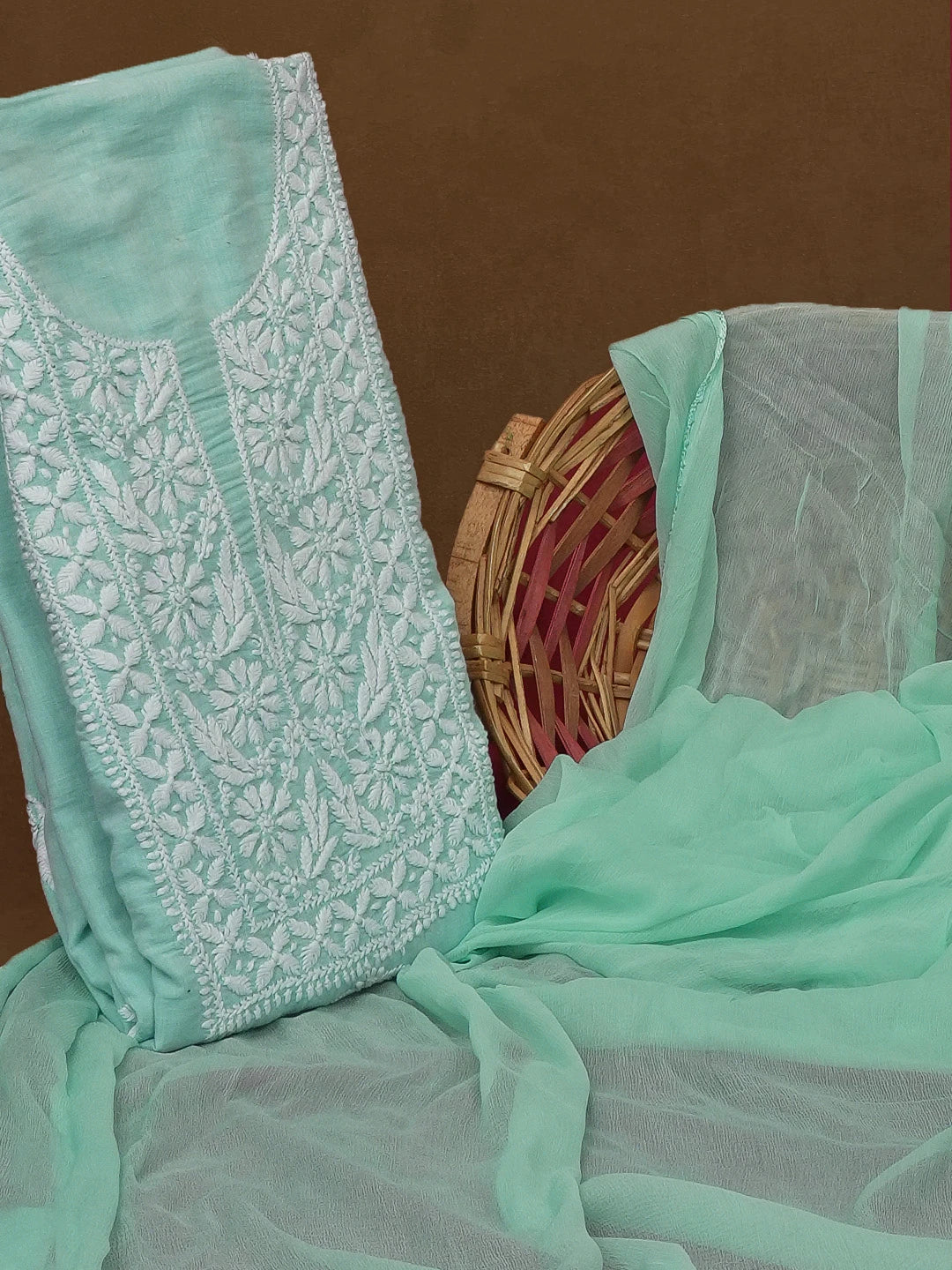 Ada Hand Embroidered Sea Green Cotton Lucknowi Chikankari Unstitched Kurta Dupatta Set 01A462898