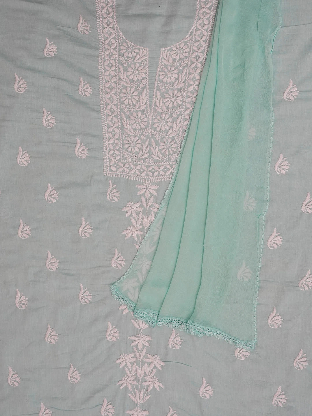 Ada Hand Embroidered Sea Green Cotton Lucknowi Chikankari Unstitched Kurta Dupatta Set 01A462898