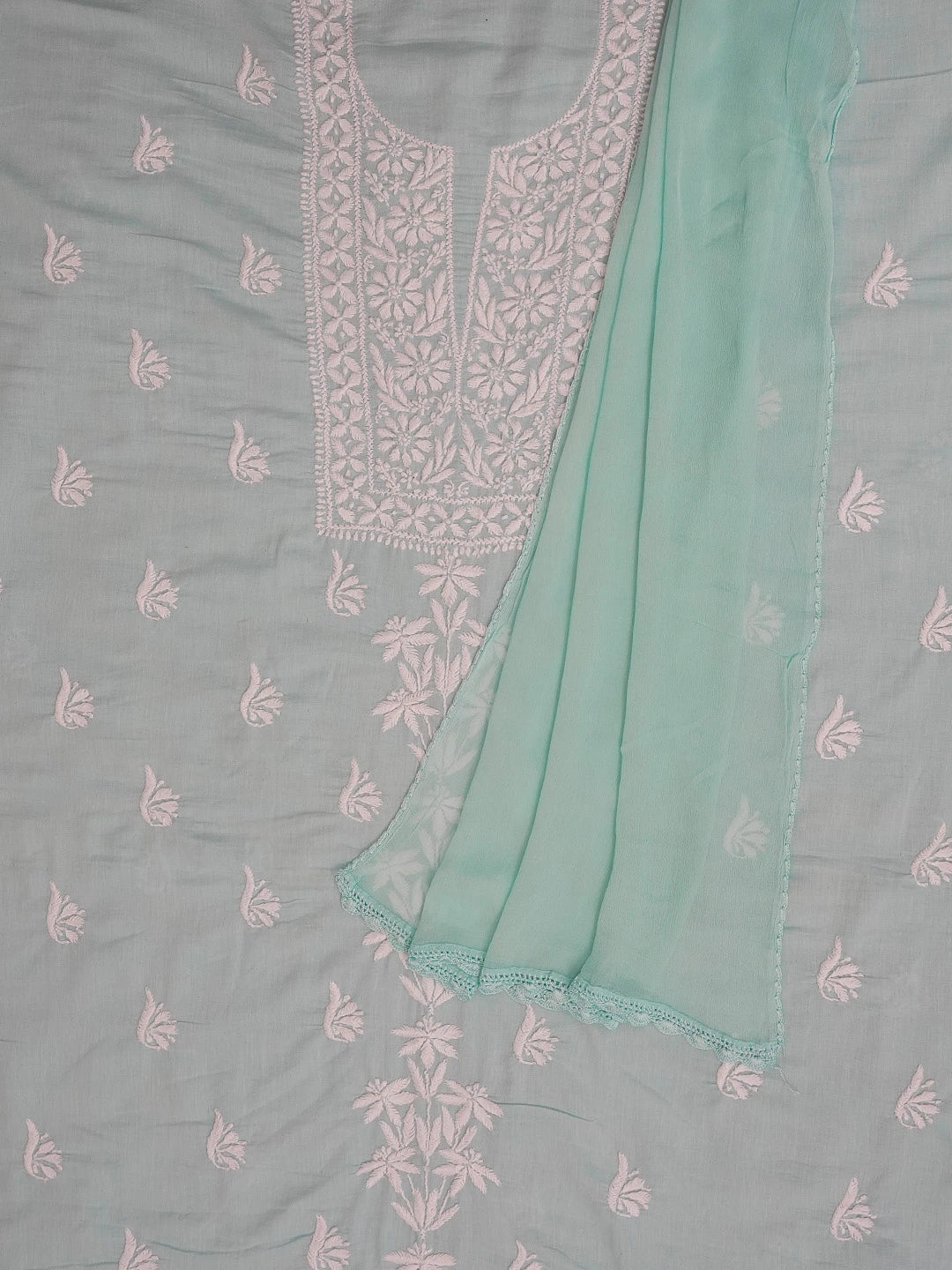 Ada Hand Embroidered Sea Green Cotton Lucknowi Chikankari Unstitched Kurta Dupatta Set 01A462898