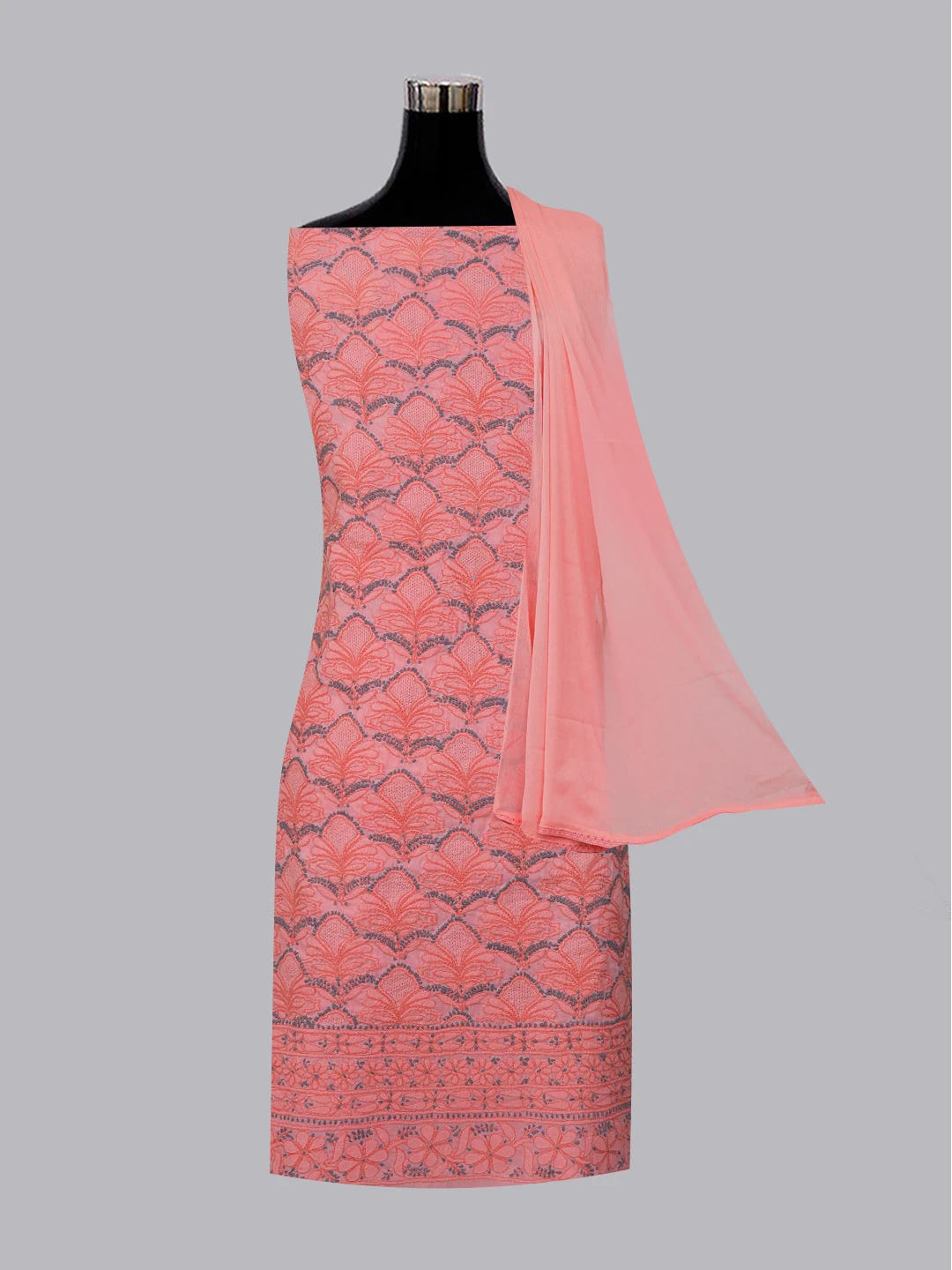 Ada Hand Embroidered Brink Pink Cotton Lucknowi Chikankari Unstitched Kurta Dupatta Set 01A82065