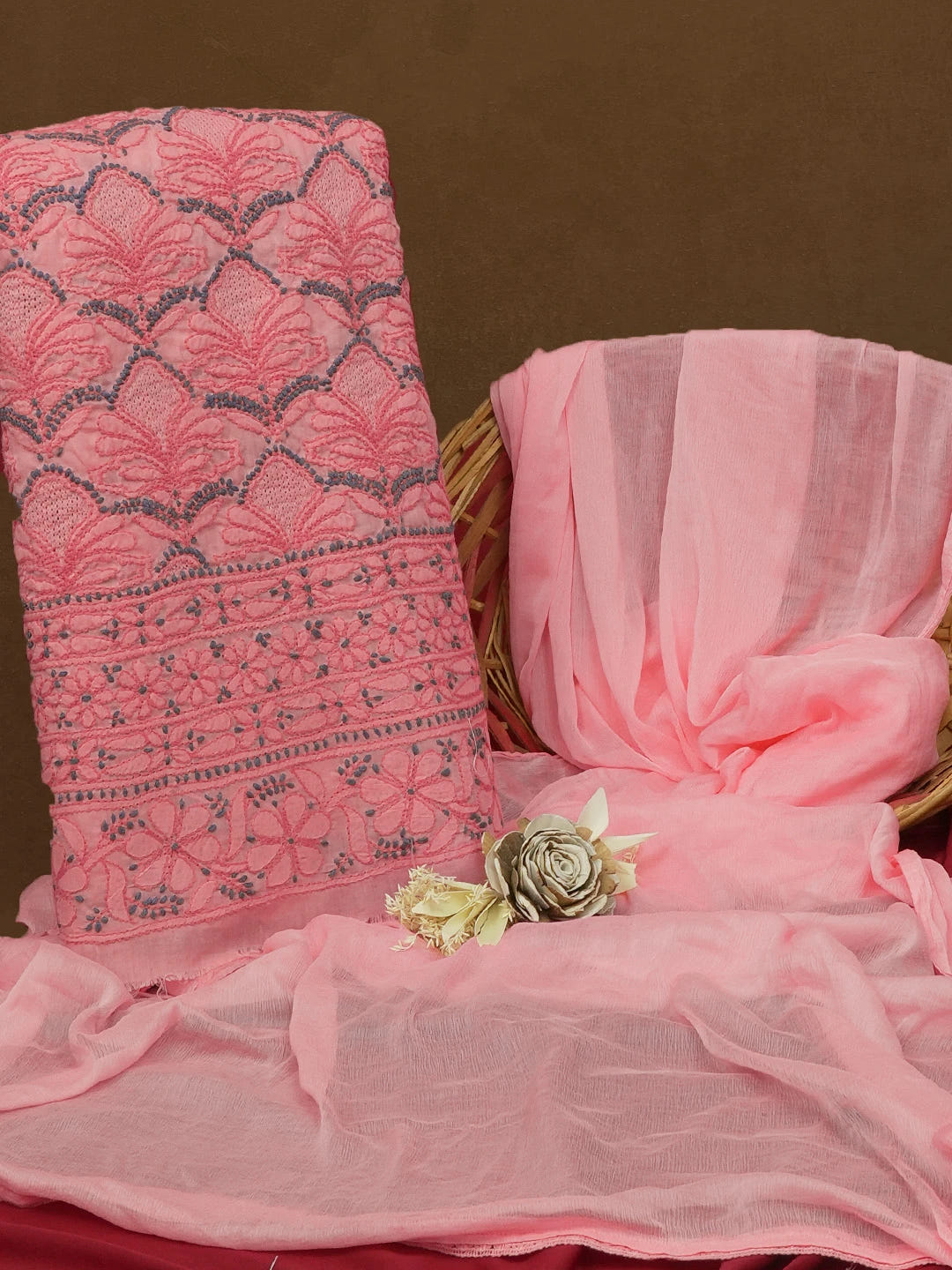 Ada Hand Embroidered Brink Pink Cotton Lucknowi Chikankari Unstitched Kurta Dupatta Set 01A82065
